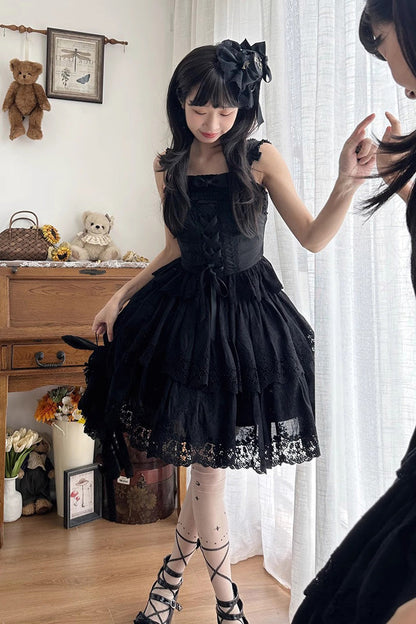 Black [Forest Waltz] Embroidery Bowknot Lace-Up Slim Sweet Elegant Lolita Suspender Top