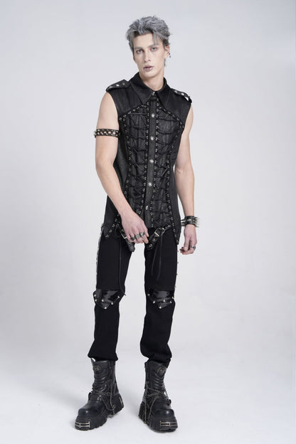 Black Sleeveless Studded Lace-Up Men's Gothic Blouse