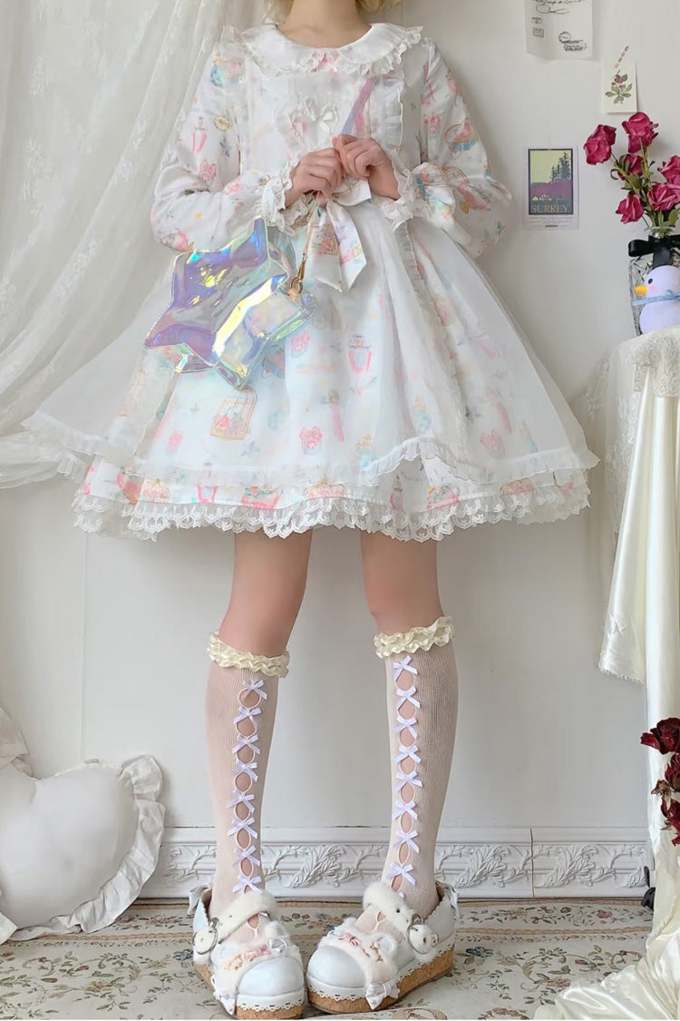 White/Apricot Long Sleeves Print Bowknot Lace Sweet Plus Size Lolita Dress