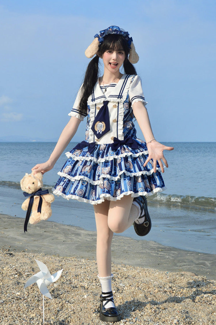 Blue [Glory of the Dog] Navy Collar Short Sleeves Low Waisted Triple-Layered Printed Ruffled Bow Sweet Lolita Dress