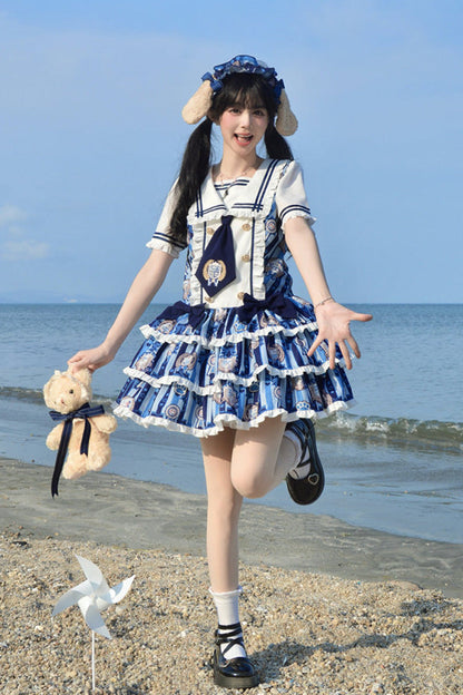 Blue [Glory of the Dog] Navy Collar Short Sleeves Low Waisted Triple-Layered Printed Ruffled Bow Sweet Lolita Dress