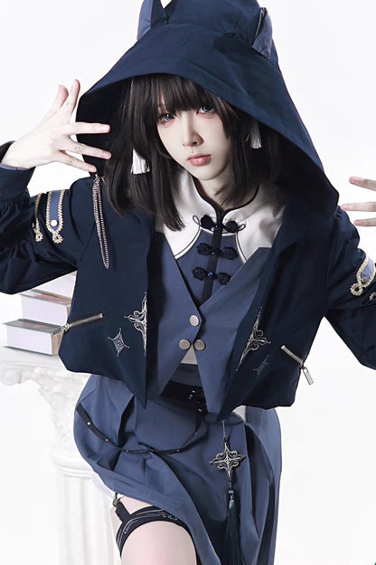 Blue [Indigo Shadow Journey] Stand Collar Long Sleeves Embroidered Hooded Asymmetric Punk Ouji Lolita Dress Four-Piece Set
