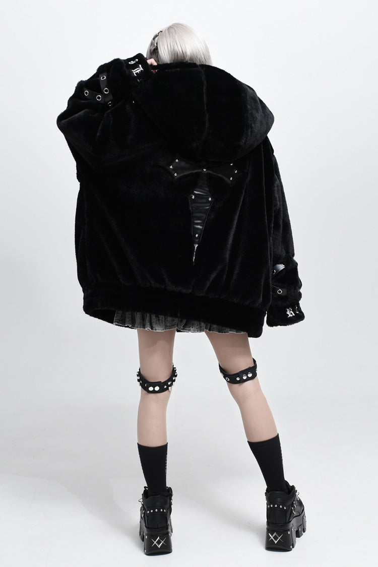 Jirai Kei Long Sleeves Hooded Zipper Punk Japanese Coat With Cross Leather Buckles 2 Colors