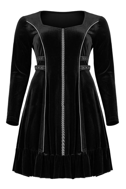 Black Stretch-Velvet Chain Print Decoration Webbing Long Sleeve Straps Women's Plus Size Gothic Dress