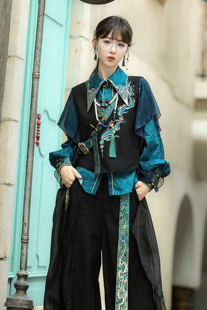 Black/Green Round Collar Long Sleeves Ruffle Embroidery Chinese Style Vintage Handsome Ouji Lolita Set