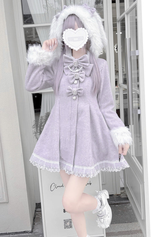 Grey/Purple Long Sleeves Bowknot Rabbit Ears Detachable Hooded Japanese Jirai Kei Coat