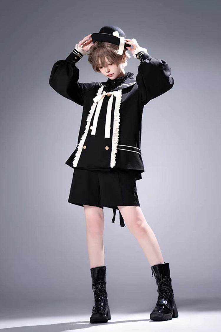 Black [City of Mist] Navy Collar Long Sleeves Gothic College Style Prince Ouji Lolita Shorts Coat Set