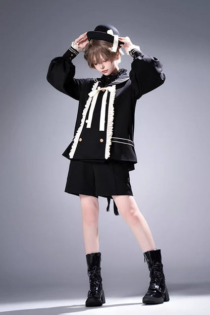 Black [City of Mist] Navy Collar Long Sleeves Gothic College Style Prince Ouji Lolita Shorts Coat Set