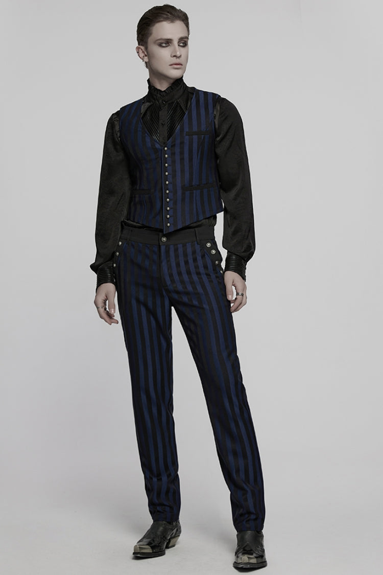 Black/Blue High Waisted Striped Print Men's Gothic Suit Pants