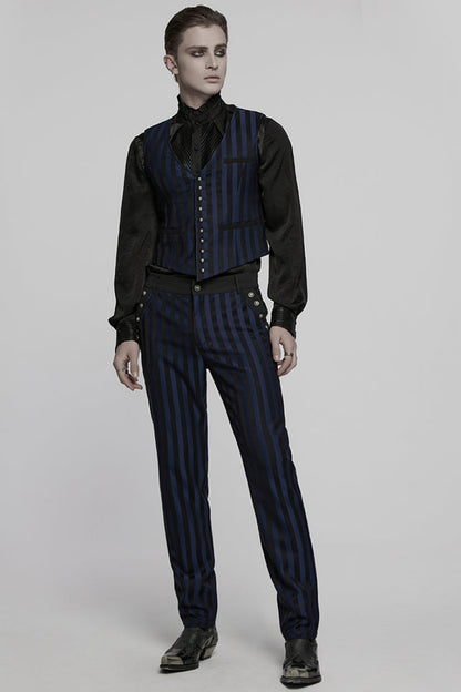 Black/Blue High Waisted Striped Print Men's Gothic Suit Pants