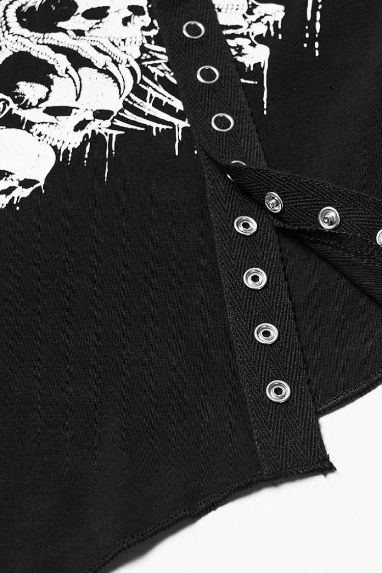 Black Short Sleeves Printed Spliced Mesh Strappy Eyelet Women's Punk T-Shirt