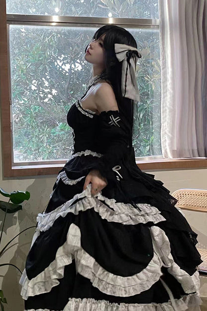 Black Cross Halterneck Ruffle Bowknot Lace Lace-Up Princess Gothic Lolita Dress