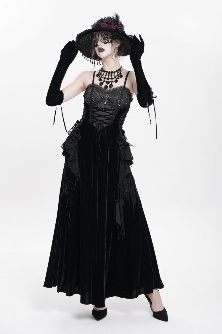 Black Sleeveless Ruffle Lace-Up Plumed Women's Gothic Long Slip Dress