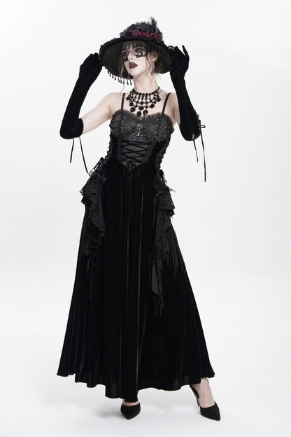 Black Sleeveless Ruffle Lace-Up Plumed Women's Gothic Long Slip Dress