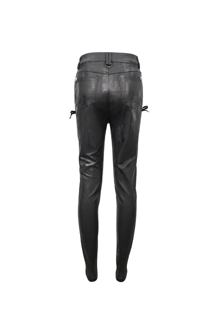 Black Stretch Faux Leather Paneled Mesh Women's Punk Trousers