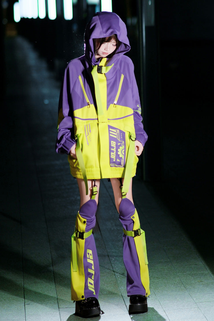 Neon Purple/Green [Zero-Type Transformation] Techwear Long Sleeves Embroidered Hooded Punk Jirai Kei Shorts Coat Set