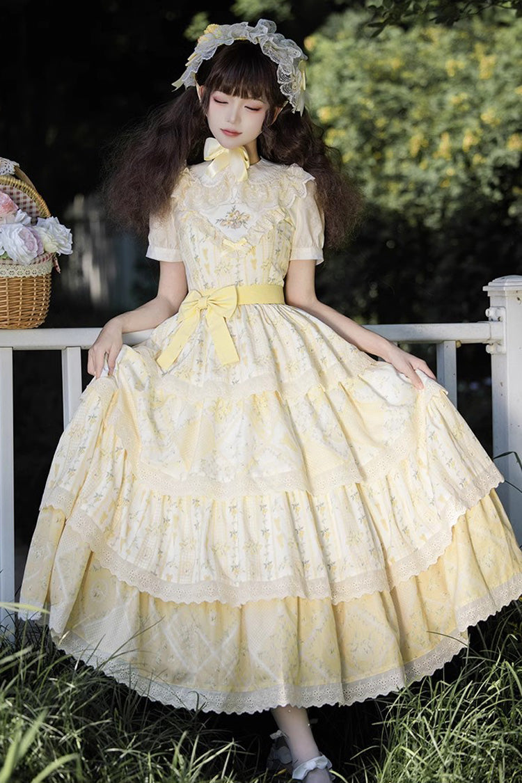 Yellow Multi-layer Sunflower Print Ruffle Embroidery Sweet Chinese Style Lolita Jsk Dress