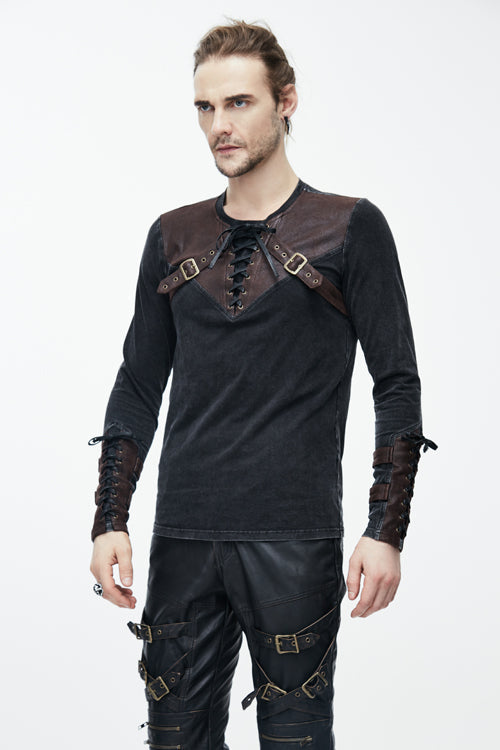 Brown Long Sleeves Designer Mens Punk T-Shirt