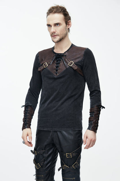 Brown Long Sleeves Designer Mens Punk T-Shirt