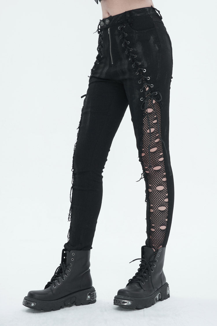 Black Stretch Twill Paneled Mesh Perforated Women's Punk Trousers