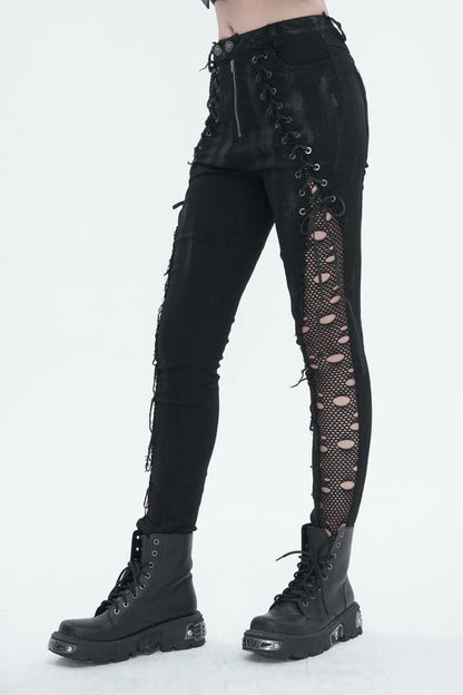 Black Stretch Twill Paneled Mesh Perforated Women's Punk Trousers