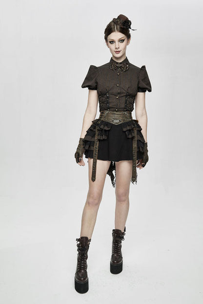 Black Punk Multi Layer Wavy Edges Striped Womens Half Skirt With Corset