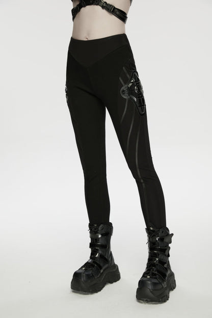 Black Slim Women's Punk Armor-Accentuated Paneled  Leggings