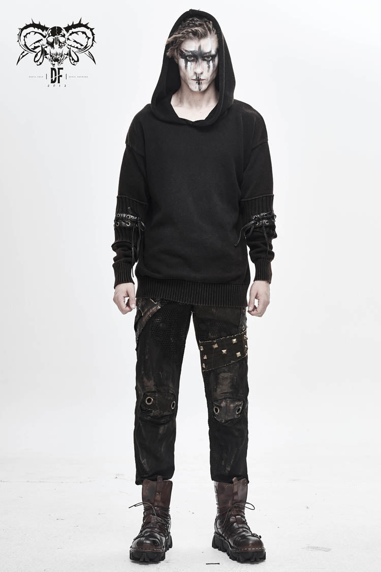 Brown Worn-Out Long Sleeve Elbow Leather Strip Lace-Up Hooded Coarse Knit Men's Punk Sweater