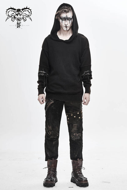 Brown Worn-Out Long Sleeve Elbow Leather Strip Lace-Up Hooded Coarse Knit Men's Punk Sweater