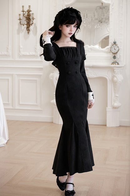 Black/White [Rose Doll] Square Collar Long Sleeves Bowknot Lace-Up Gothic Lolita Dress Set 2 Versions