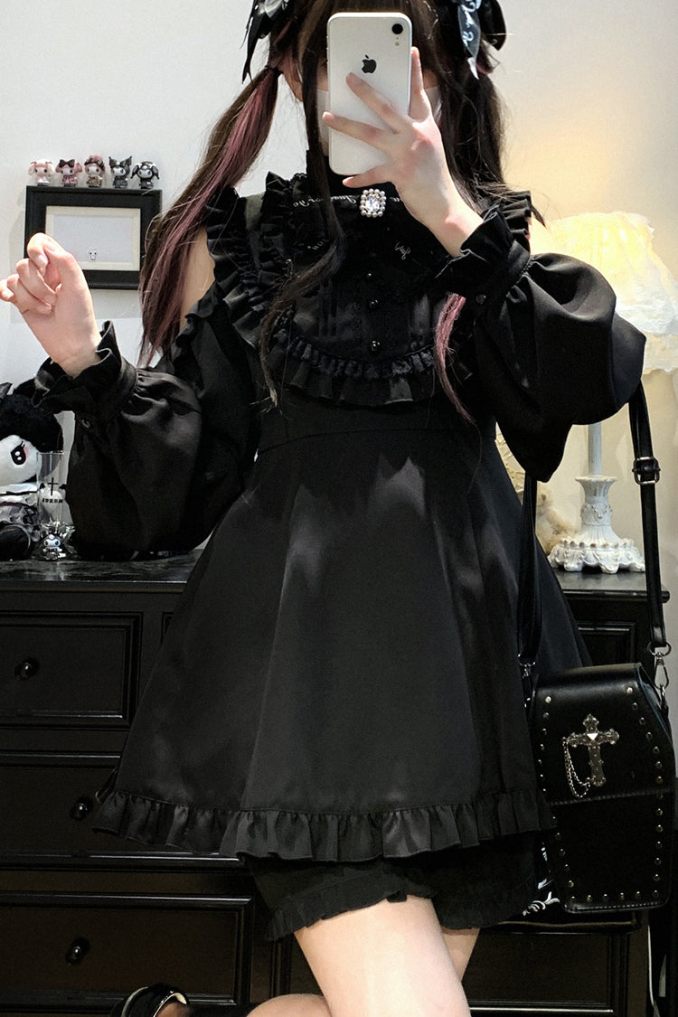 Black [Rose Princess] Off Shoulder Long Sleeves Ruffle Bowknot Gothic Jirai Kei Dress