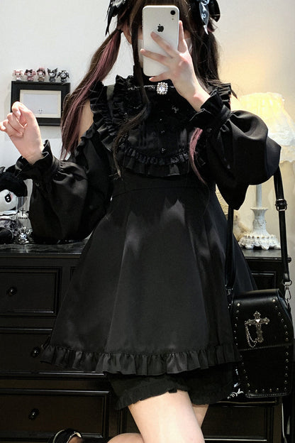 Black [Rose Princess] Off Shoulder Long Sleeves Ruffle Bowknot Gothic Jirai Kei Dress
