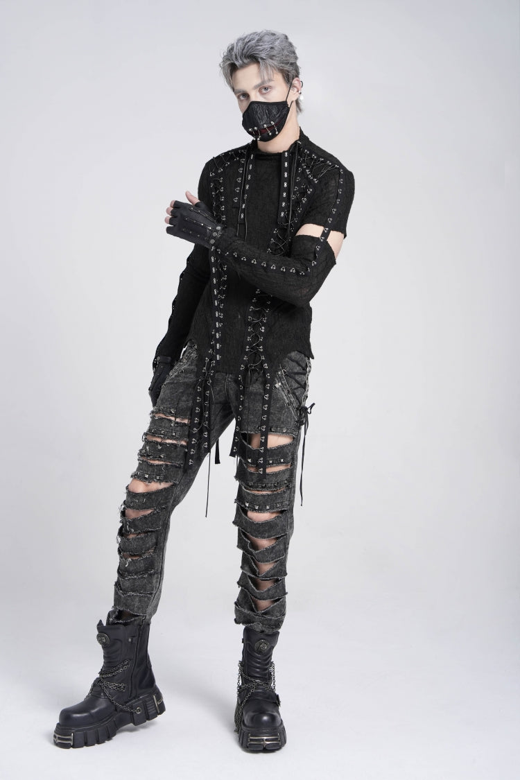 Black Ripped Rivet Men's Punk Pants with Chain
