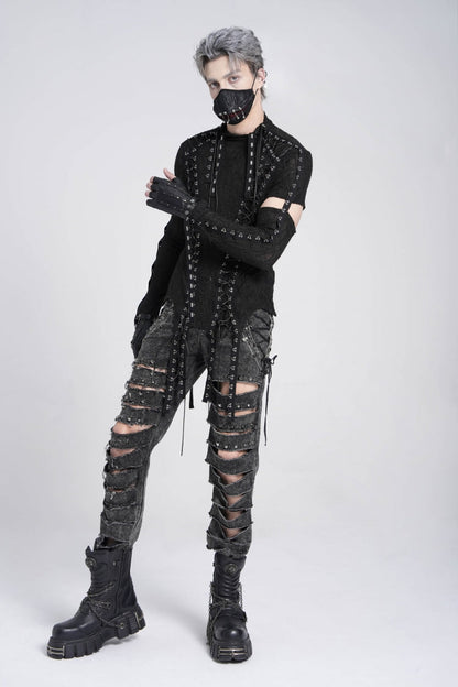 Black Ripped Rivet Men's Punk Pants with Chain