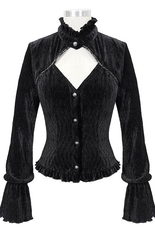 Black Velvet Lantern Sleeves Swallowtail Womens Gothic Blouse