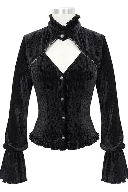 Black Velvet Lantern Sleeves Swallowtail Womens Gothic Blouse