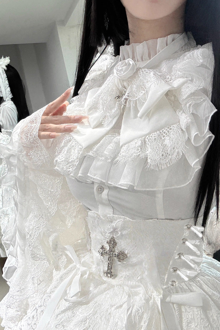 White [Eternal Taboo] Long Hime Sleeves Ruffled Bow Gothic Lolita Skirt Dress Set