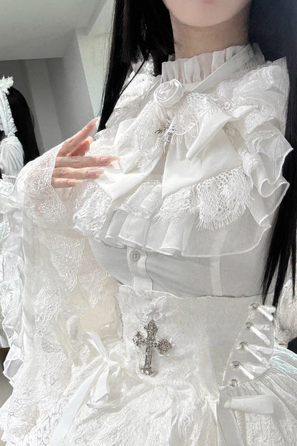 White [Eternal Taboo] Long Hime Sleeves Ruffled Bow Gothic Lolita Skirt Dress Set