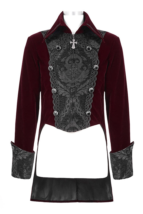 Red Court Pattern Lapel Collar Velvet Mens Gothic Coat