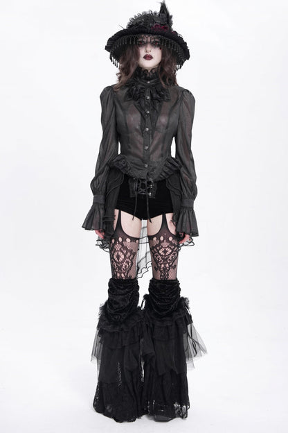 Black Stand Collar Ruffle Sheer Women's Swallow-tailed Gothic Blouse