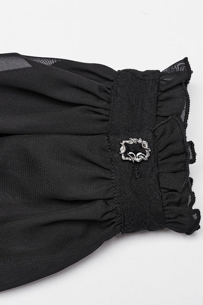 Black V Collar Long Puff Sleeves Embroidery Mesh Women's Gothic Blouse
