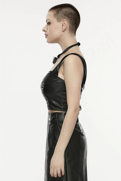 Black Square Collar Faux Leather Women's Punk Vest