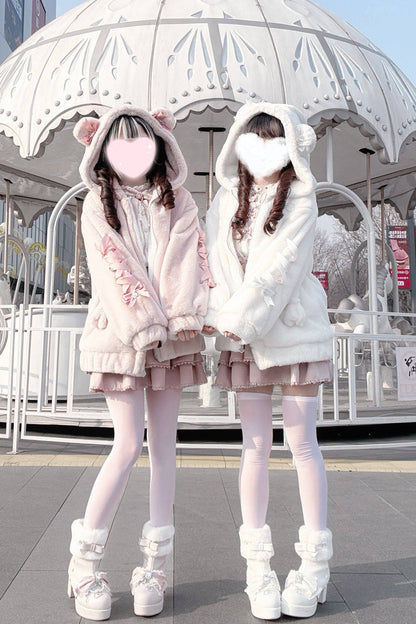 [Sleepy Bear Fluffy] Bear Ears Long Sleeves Bow Lace-Up Hooded Zippered Sweet Jirai Kei Japanese Coat