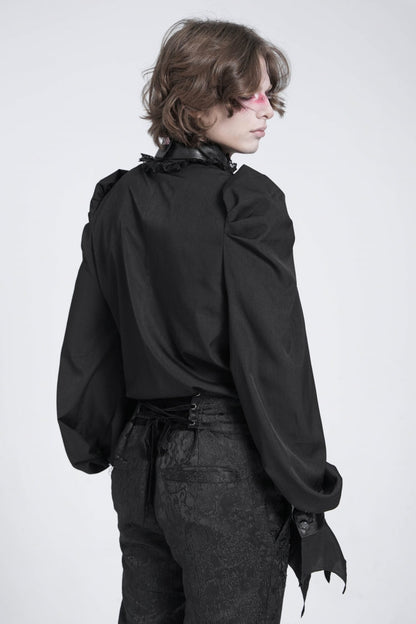 Black Stand Collar Long Puff Sleeves Men's Gothic Batlike Blouse
