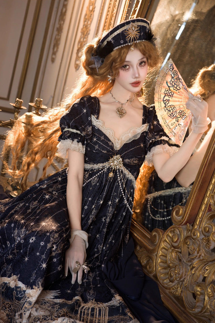 Blue [Unicorn] V Collar Short Sleeves Empire Motif Print Embroidery Bowknot Lace Sweet Elegant Lolita Dress