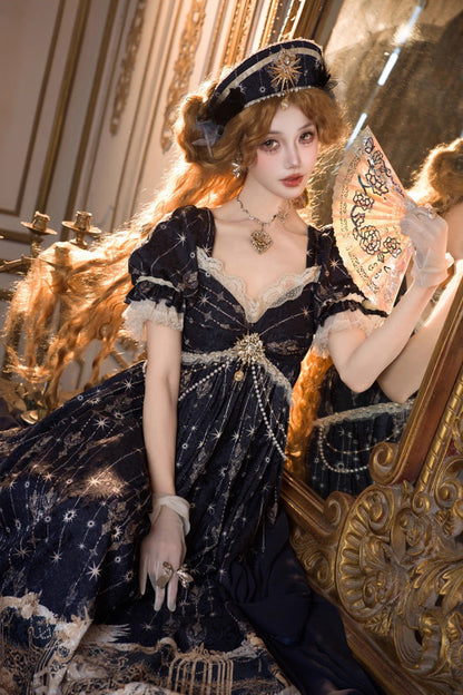 Blue [Unicorn] V Collar Short Sleeves Empire Motif Print Embroidery Bowknot Lace Sweet Elegant Lolita Dress