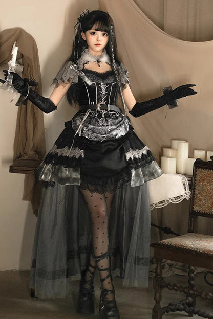 Black [Dark Night Rose] Short Sleeves Print Ruffle Bowknot Lace Asymmetric Gothic Lolita Dress