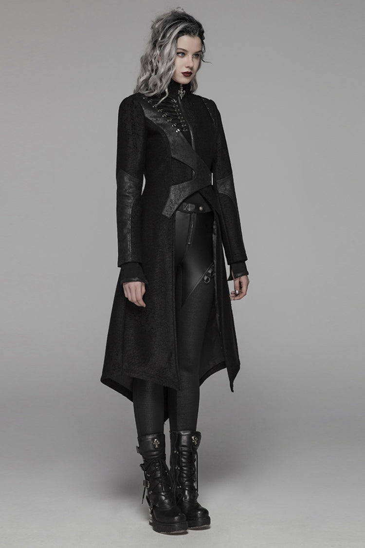 Black Stand Collar Long Sleeves Asymmetric Design Stitching Irregular Womens Steampunk Coat