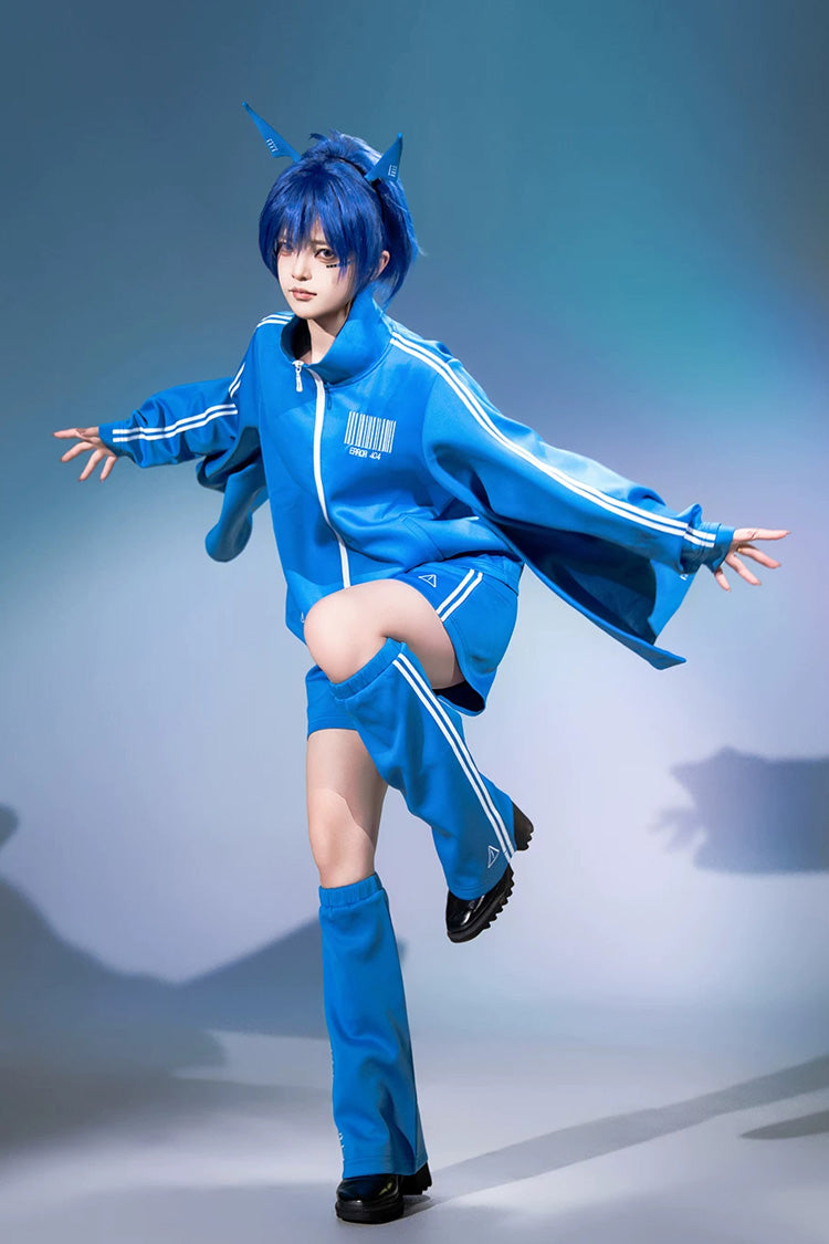 Blue [Network Error] Stand Collar Long Trumpet Sleeves Ouji Gothic Functional Style Japanese Prince Lolita Coat Shorts Set