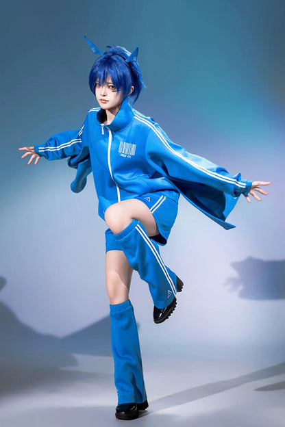 Blue [Network Error] Stand Collar Long Trumpet Sleeves Ouji Gothic Functional Style Japanese Prince Lolita Coat Shorts Set